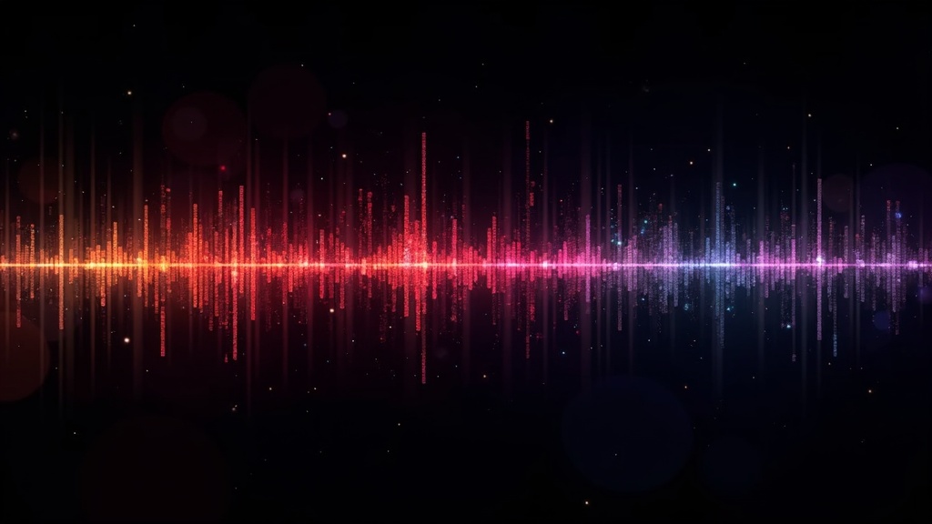 Sound wave visual with bright colors against a dark background.