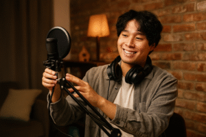 Excited beginner setting up a microphone in a cozy home studio.”
