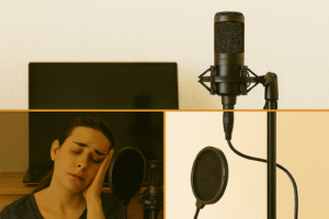 “Basic voice acting gear including microphone, headphones, and laptop”