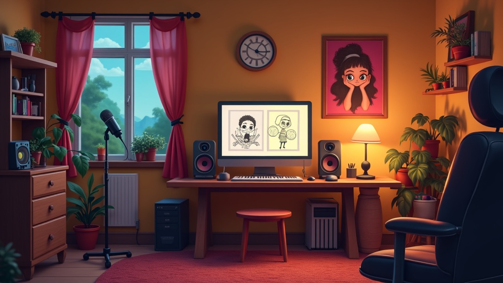 A colorful, cozy home recording studio with a microphone and headphones, animated character sketches on a display, and warm lighting.