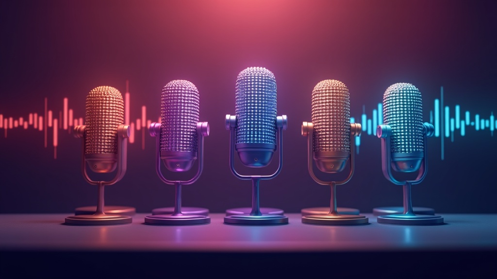 colourful animated microphones, recording booth, and sound waves