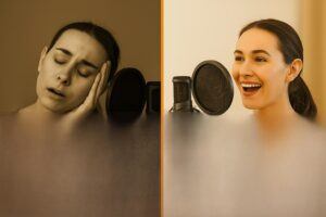 “Voice actor looking fatigued on one side, energized on the other”