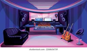 Home voiceover studio setup with microphone, headphones, and animation sketches on a monitor.
