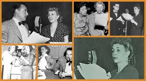 Bea Benaderet performing in a 1930s radio studio with vintage microphone