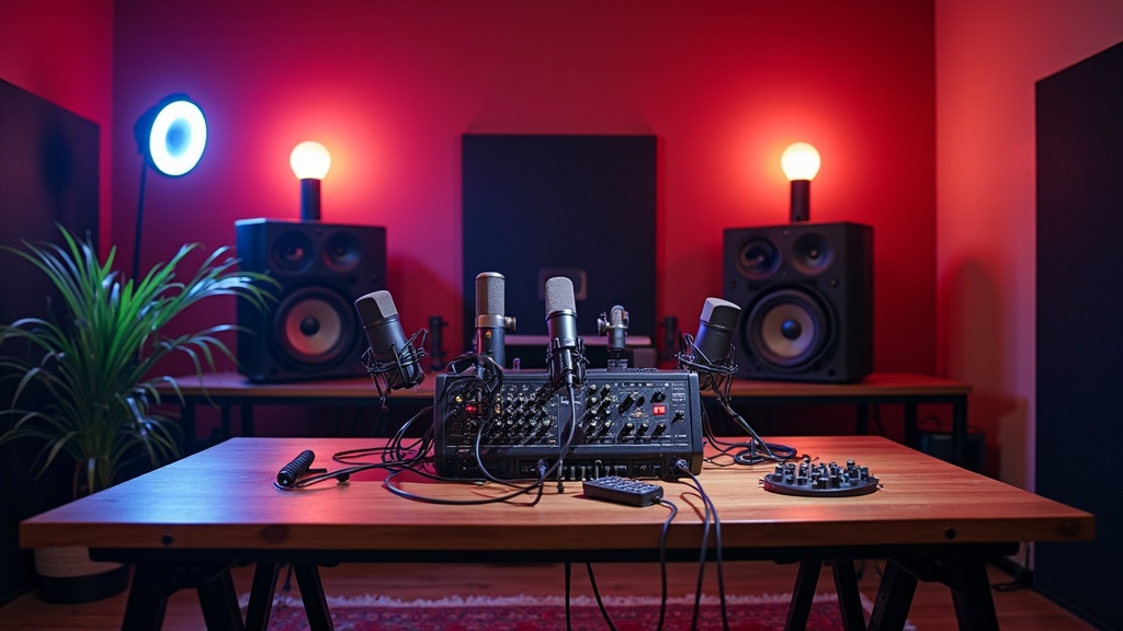 A modern recording studio with microphones and audio equipment on a wooden table, soundproof walls, and colorful ambient lighting