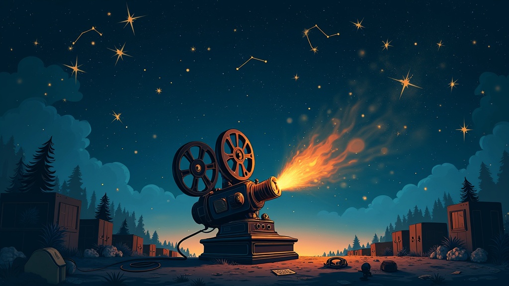 Celestial symbols and movie reels artfully blended in a night sky.