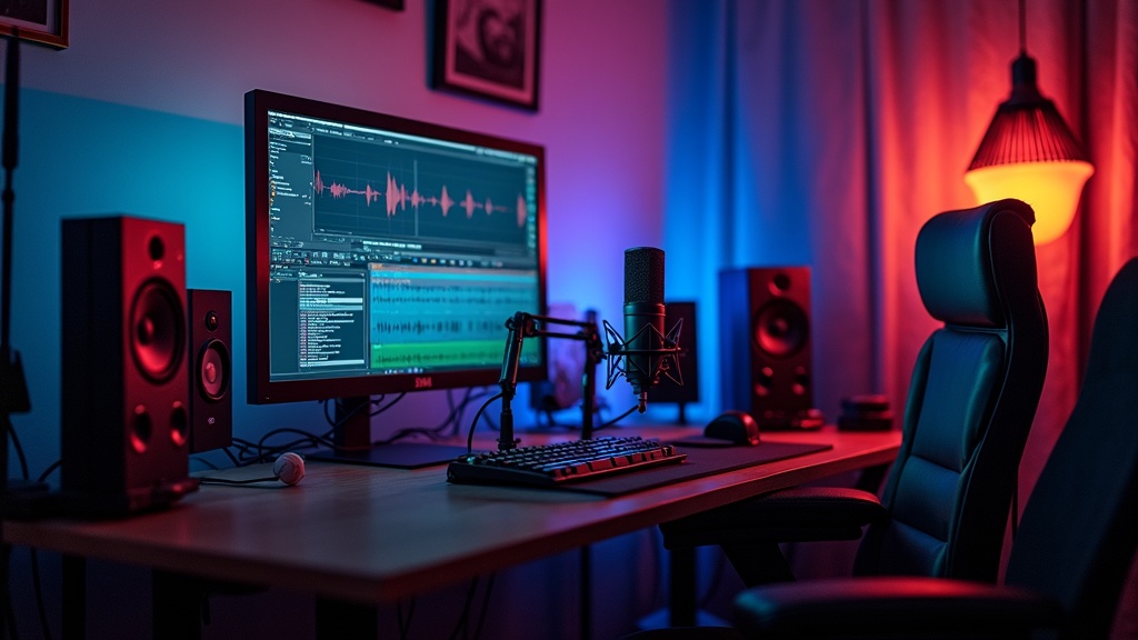 High-tech home studio workspace for voice acting and audio editing, filled with monitors, colorful lights, a high-end microphone, and digital waveform displays.